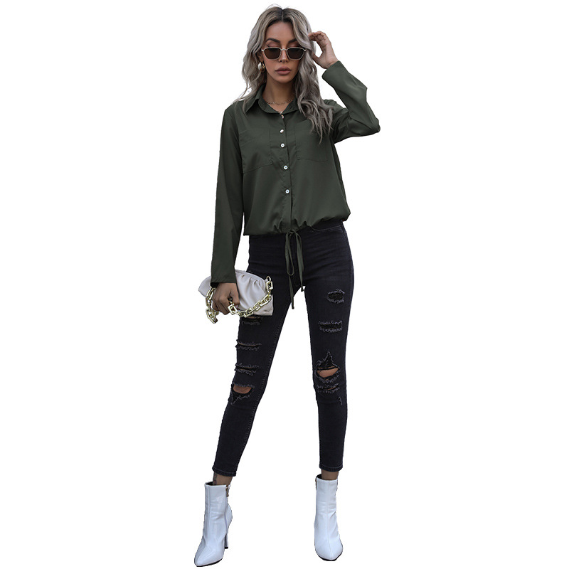 Casual Solid Color Lapel Single-breasted Cardigan Women's Shirt