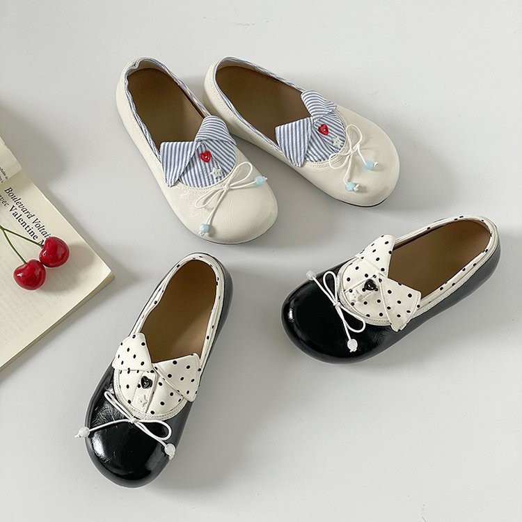 Women Sweet Preppy Campus Lapel Patch Slip On Loafer Flats, Round Toe Tiny Heart Bead Ribbon Bow Soft PU Student Daily Casual Doll