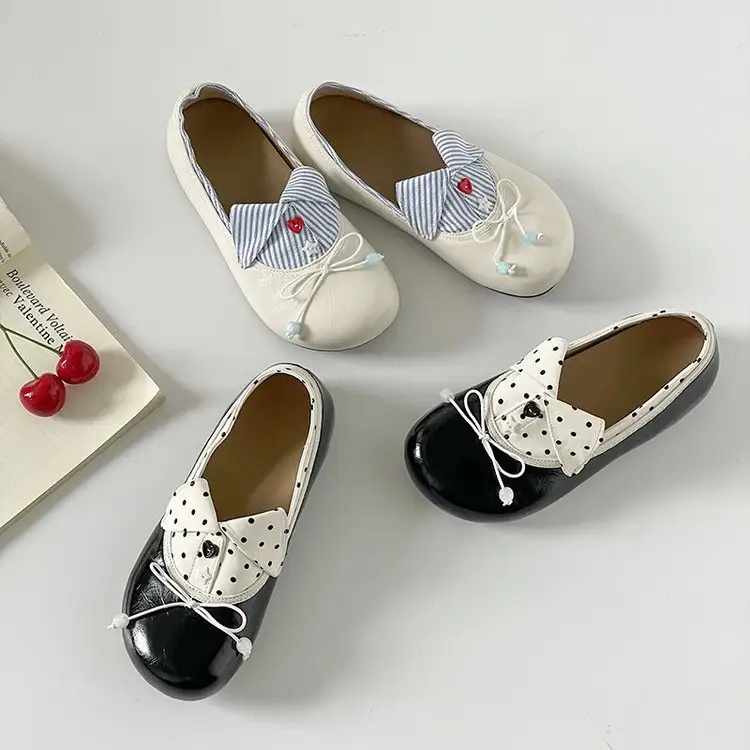 Women Sweet Preppy Campus Lapel Patch Slip On Loafer Flats, Round Toe Tiny Heart Bead Ribbon Bow Soft PU Student Daily Casual Doll