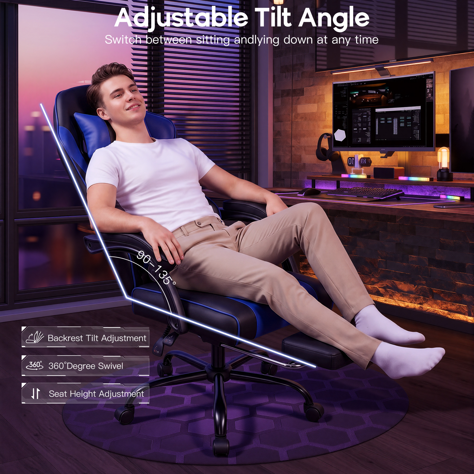 Racing Style Gaming Chair With Footrest,PU Leather,Massage Lumbar — image 12
