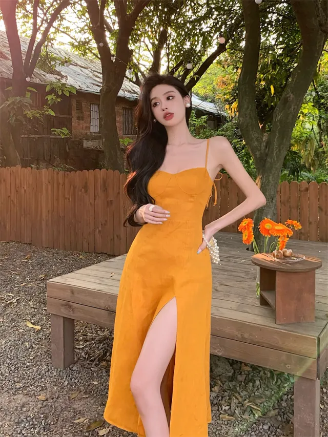 French Suspender Dress For Women In Summer Yellow - Shop at LoveMi