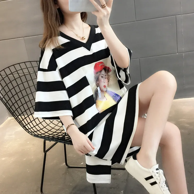 Mid-length Rainbow Striped T-shirt Dress For Women - Black