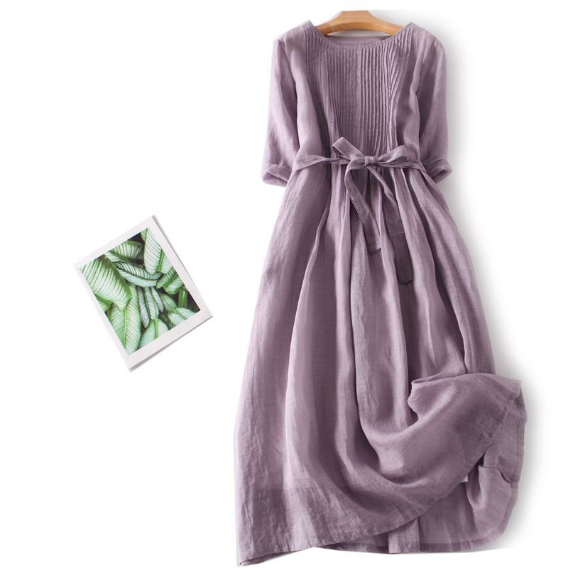 Women's 2026 Summer Retro Cotton Linen Dress, Loose Tie Waist Solid Casual  Sleeve Round Neck A-Line Dress