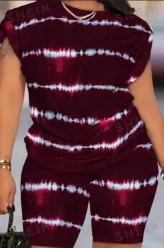 Slayr Tie Dyed Round Neck Short Sleeve Top And Shorts - Red - View 1