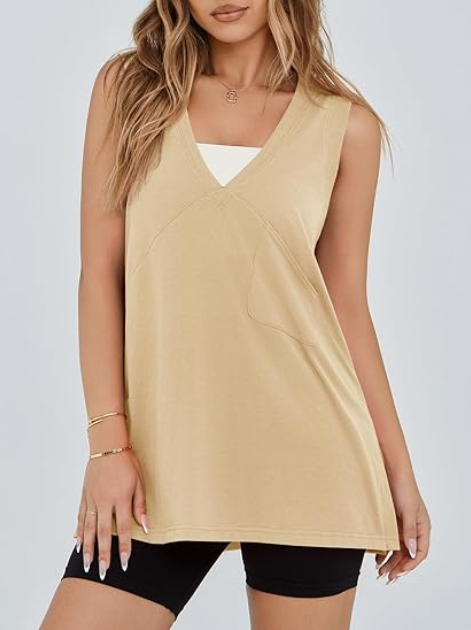 Breathable womens summer workout tank with side slit and chest pocket