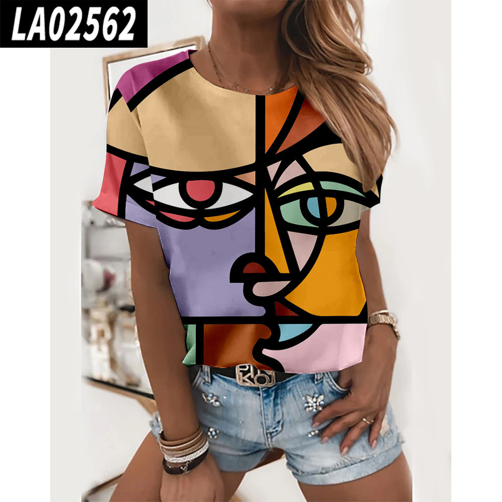 Summer Women's Abstract Painting Pattern Printing 3D Digital Printing Round Neck T-Shirt