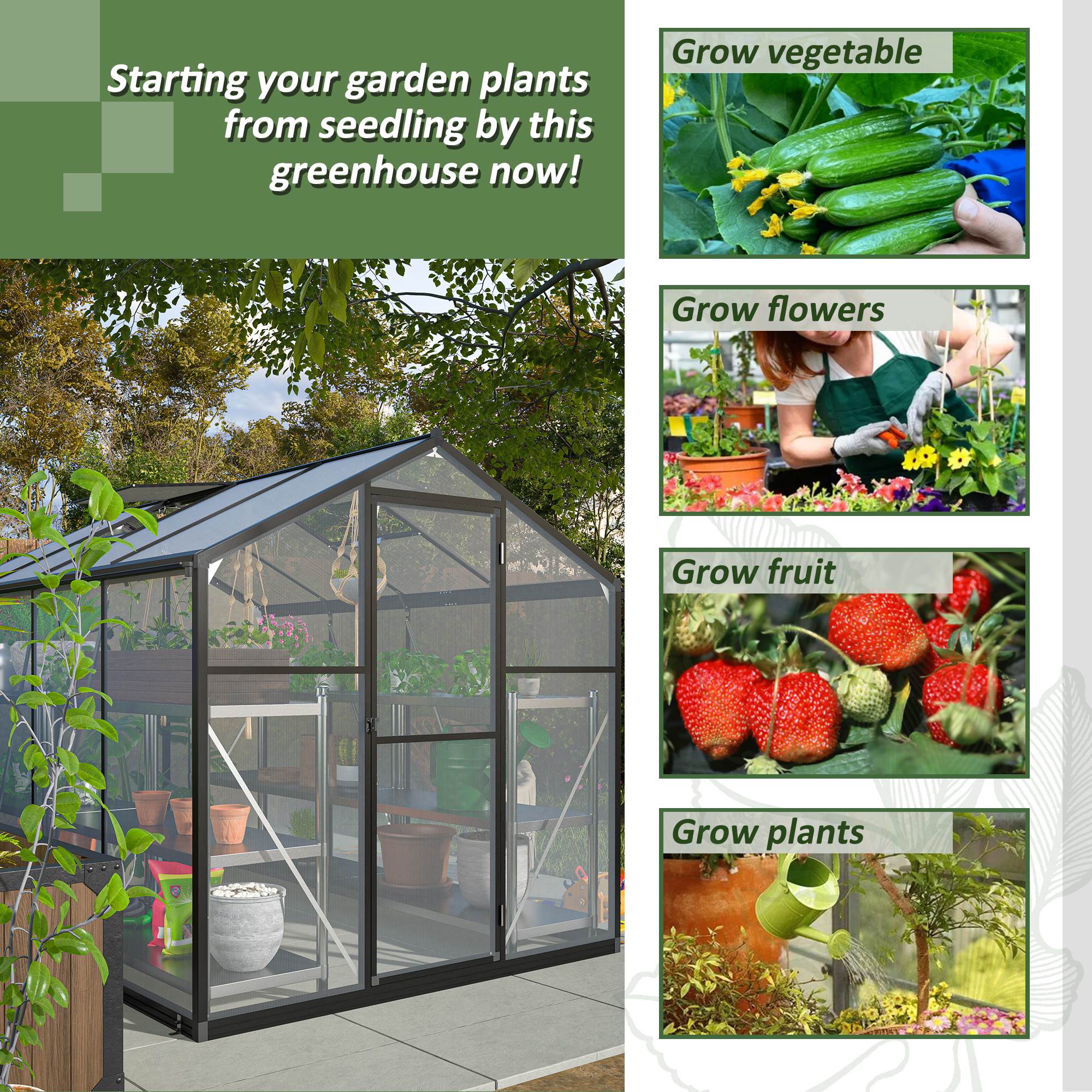 6x8 FT Greenhouse For Outdoors, Polycarbonate Greenhouse With Quick Setup Structure And Roof Vent, Aluminum Large Walk-in Greenhouse For Outside Garden Backyard, Black