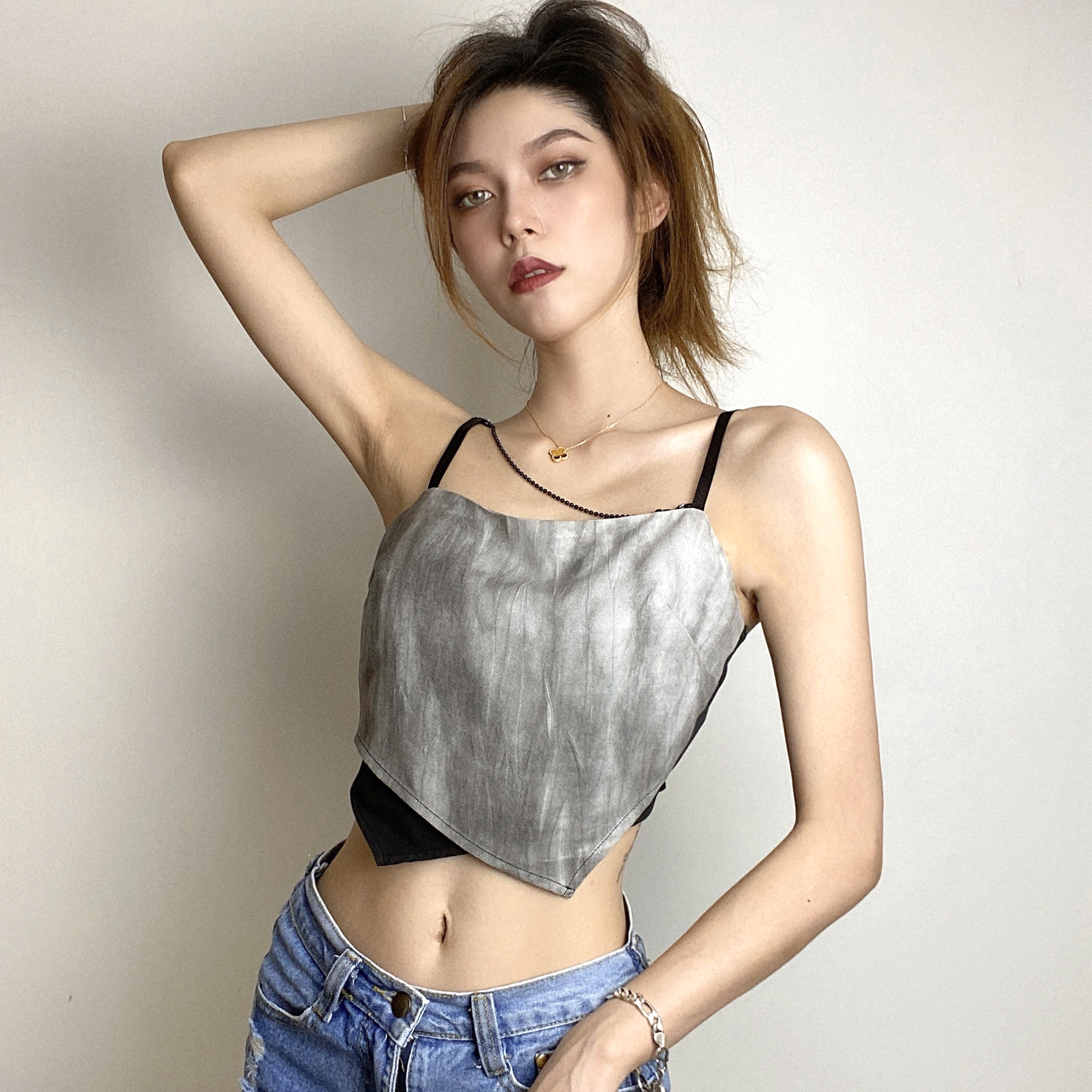 Fairy Smoky Gray Tie-dye Stitching Irregular Small Sling Women All-match Haze Gray Vest