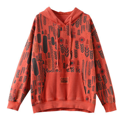 Title 5, Retro print hooded sweater women loose slimming...