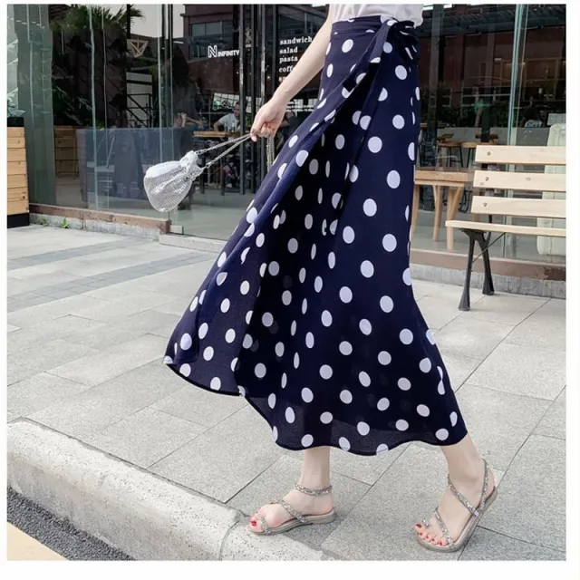 Sun proof Skirt Chiffon Half length High Waist A Line With Lining Blue Polka Dots Plus Spinning - Shop at LoveMi