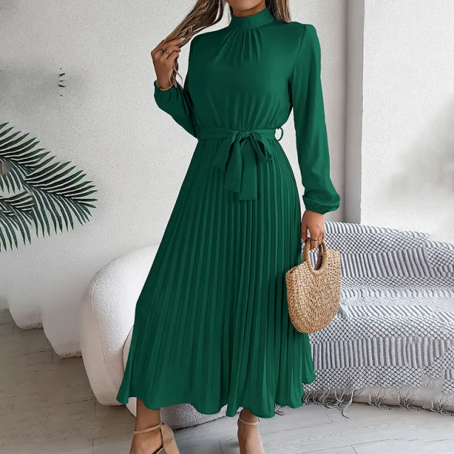 Elegant High Neck Long Sleeve Pleated Maxi Dress Solid Color Flowy Dress For Women, Casual To Formal Wear Green - Shop at LoveMi