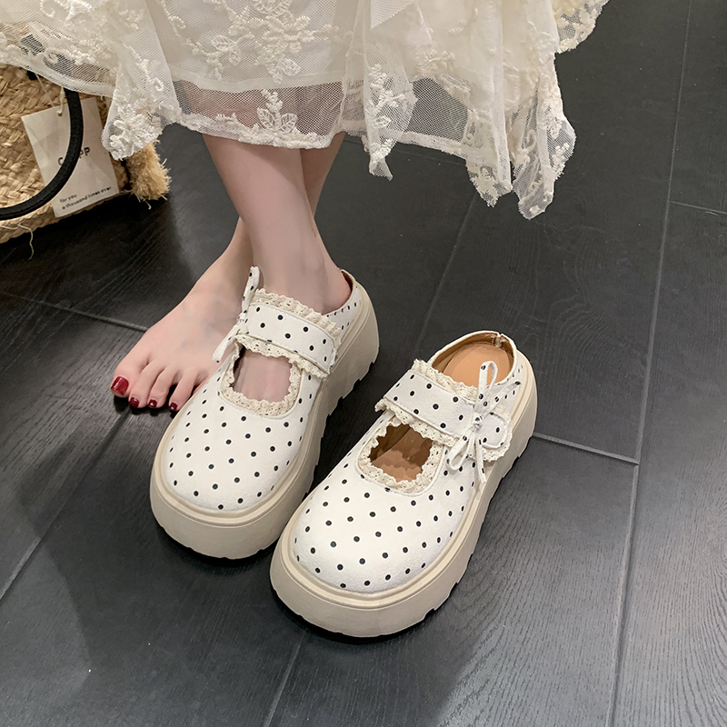 Women Sweet Lolita Polka Dot Lace Trim Platform Mule Flats Matching Daily product image