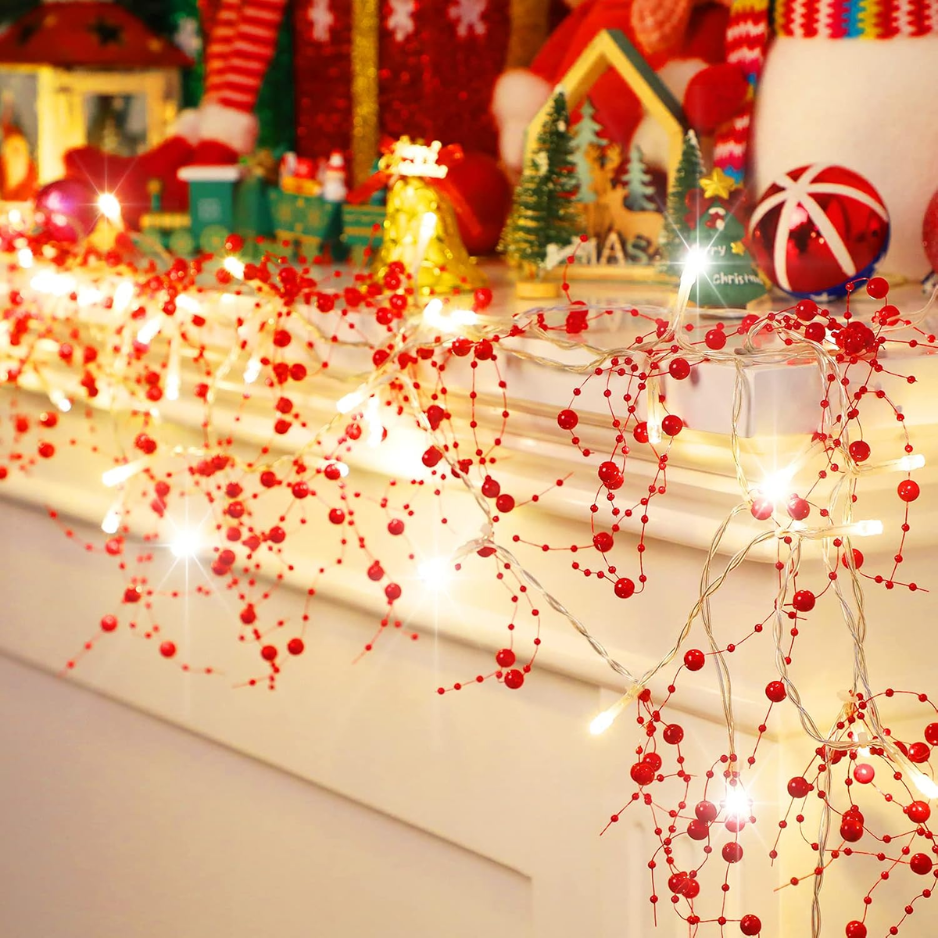 16.5FT Red Christmas Garland With Berries, Beaded String Lights