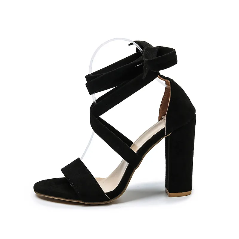 Super high heel hollow round head with sandals ankle strap buckle women's shoes - Black