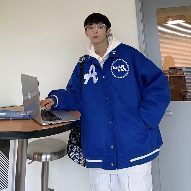 Klein Blue Baseball Uniform American Retro Design Small Lapel Embroidered Jacket Blue - Shop at LoveMi