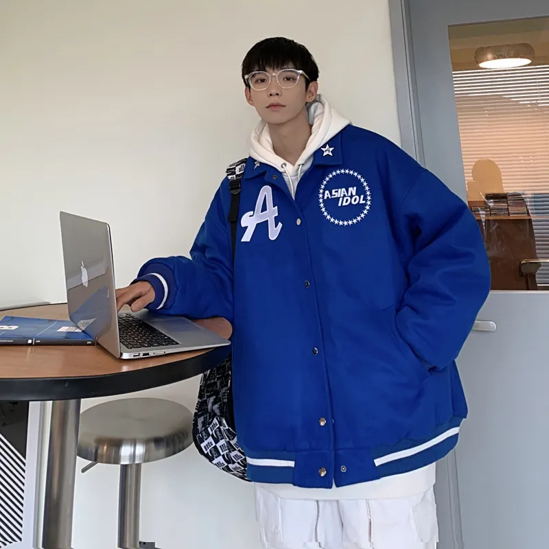 Klein Blue Baseball Uniform American Retro Design Small Lapel Embroidered Jacket - Blue