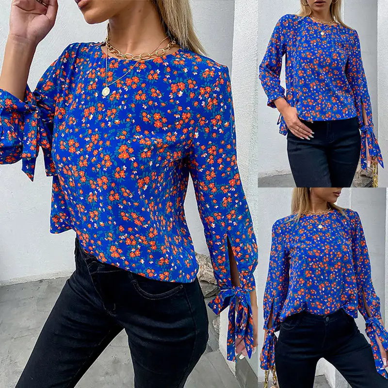 Shirt Women's Short Floral Round Neck Fashion All Matching