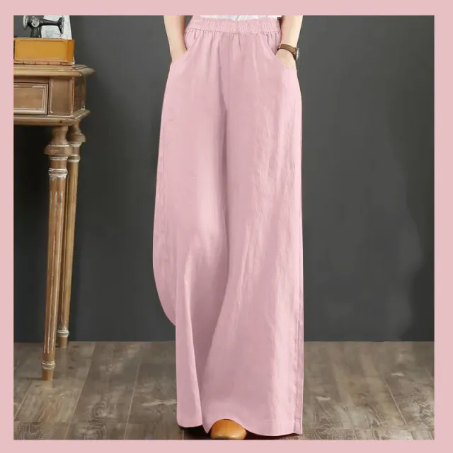 Pure Linen Plus Size Wide Leg Pants Women Drawstring Elastic Pink - Shop at LoveMi