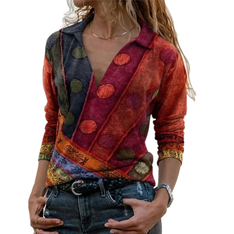 Printed Lapel Casual Top Long Sleeve T-shirt Women