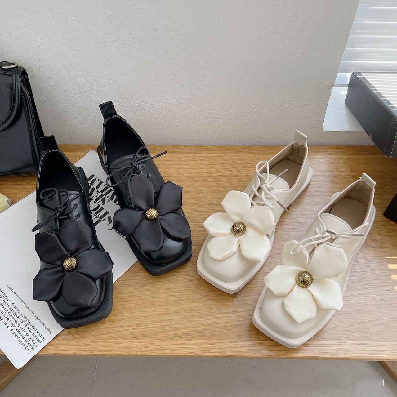 Cowhide Thick Soled Flower Single Shoes Women's Thick Heel Lace-up Leather