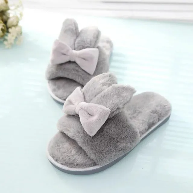 Home Furry Slippers Female Bow Rabbit Ears Grey - Shop at LoveMi