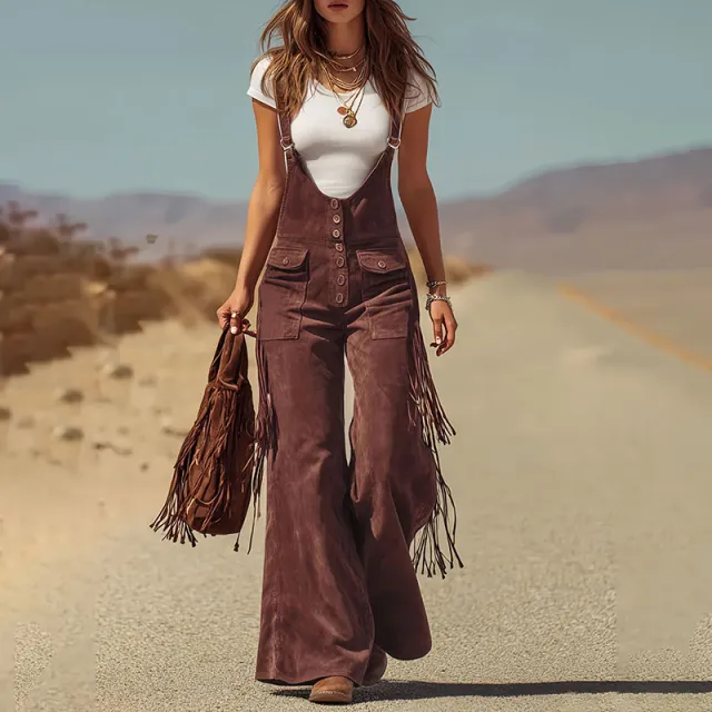 Women's Solid Color Fringe Wide Leg Jumpsuit, Western Style Overalls With Pockets And Adjustable Straps And Button Dark Brown - Shop at LoveMi