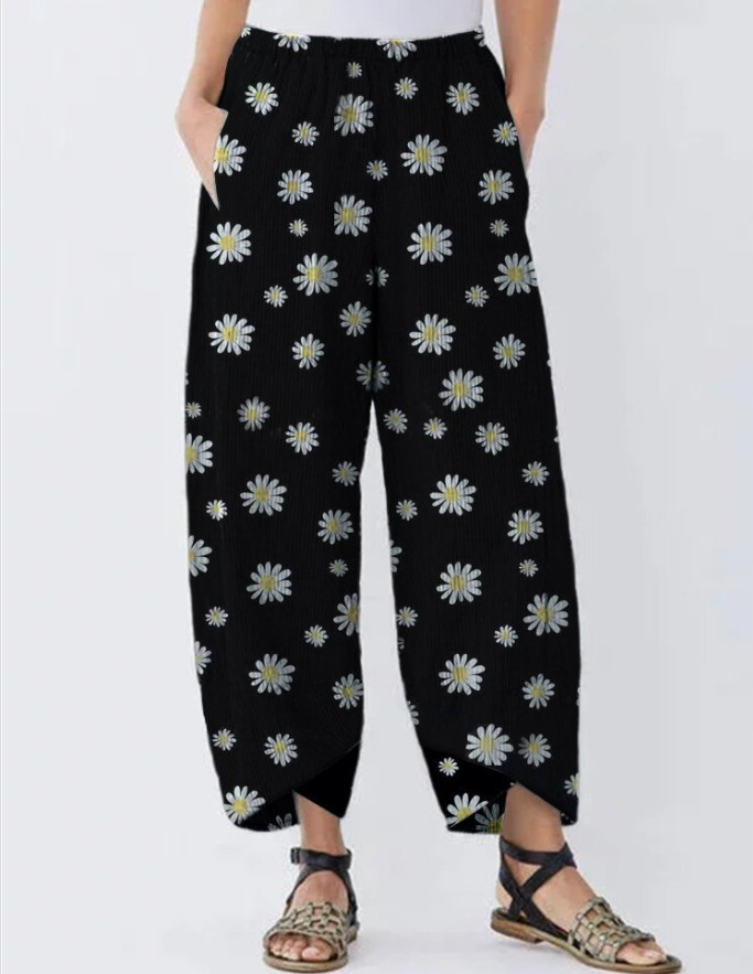 Women's Daisy Flower Print Elastic Waist Cotton And Linen Casual Pants