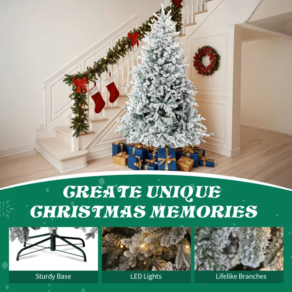 7 FT Pre-lit Snow Flocked Christmas Tree, Artificial Hinged Xmas Pine Tree With 1100 Branch Tips, 400… image 8