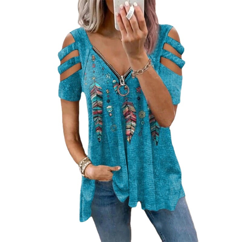 V-Neck Zip Pullover Printed Short Sleeve Loose T-Shirt Women's Top