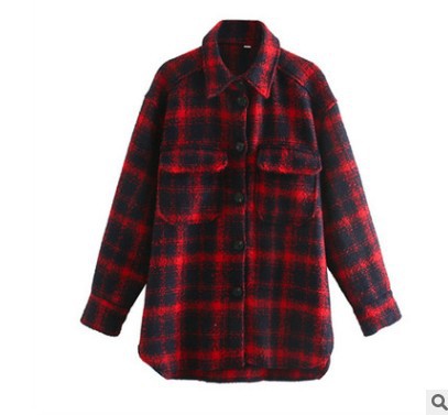 Fashion Ladies Plaid Loose Shirt Woolen Jacket Red - Shop at LoveMi