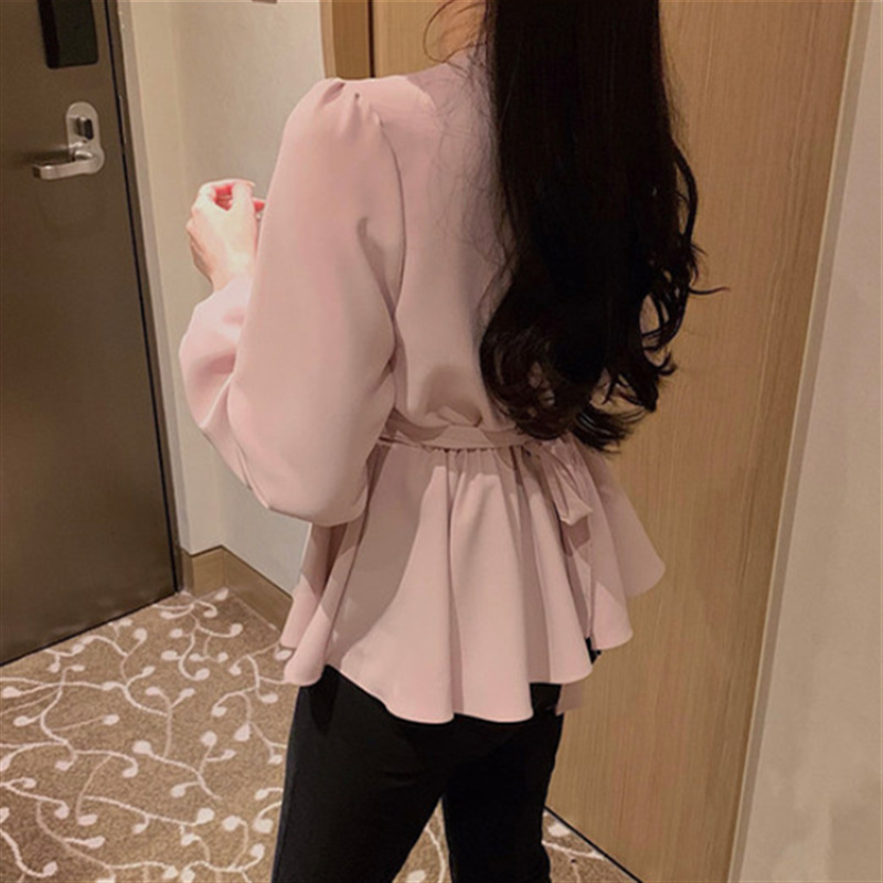 Title 3, Solid Color Waist Long-sleeved Small Shirt Blouse