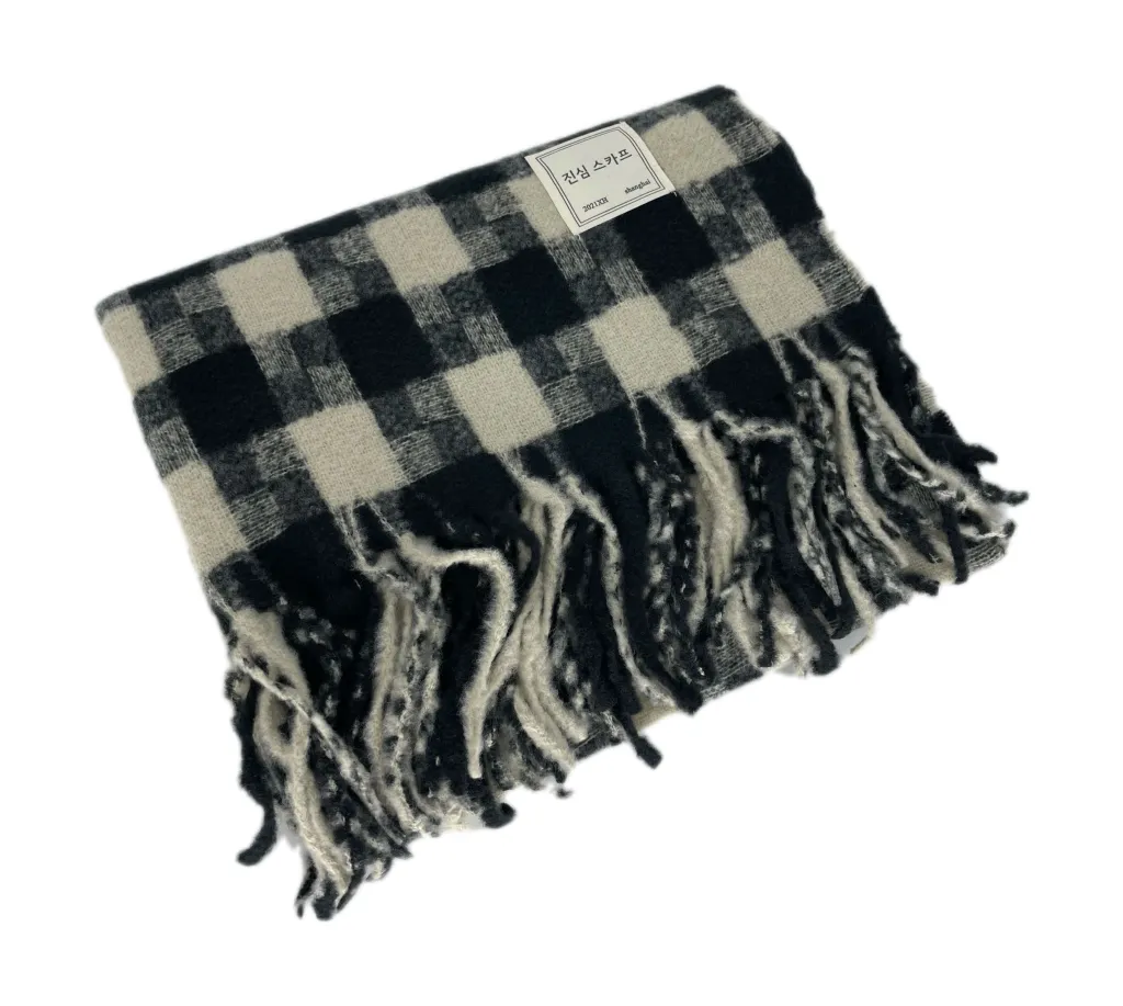 Women's Korean Style Thickened Houndstooth Plaid Scarf - Black Plaid