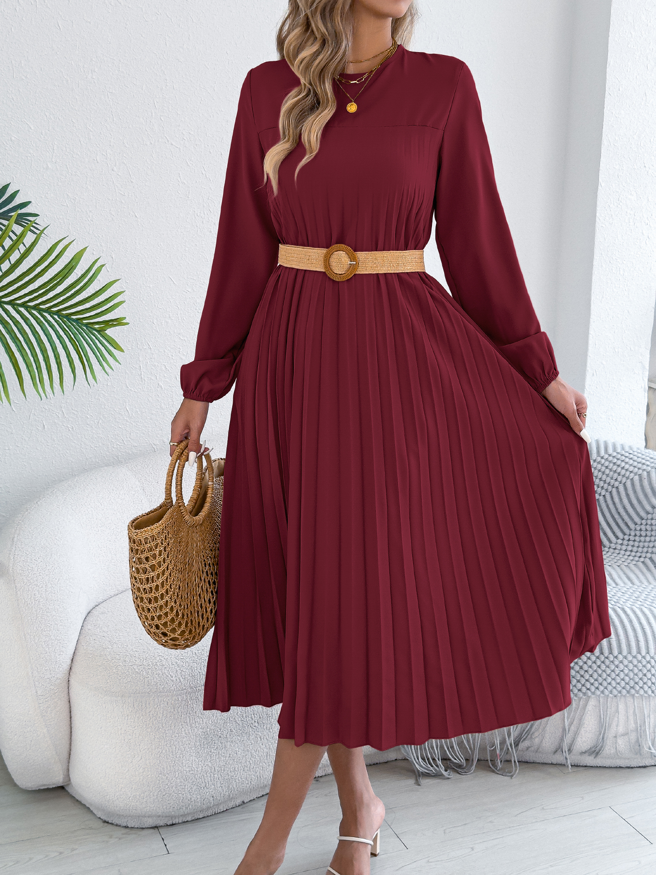 Women’s Casual Solid Color Long Sleeve Pocket Pleated Dress