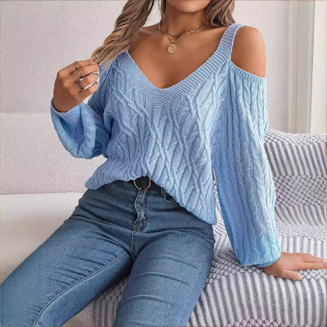Fried-Dough Twist Off-Shoulder Lantern Sleeve Sweater