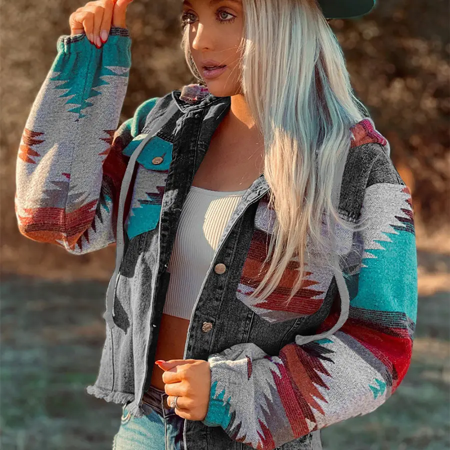 Western Style Denim Stitching Hooded Jacket Multi-color Printed Frayed