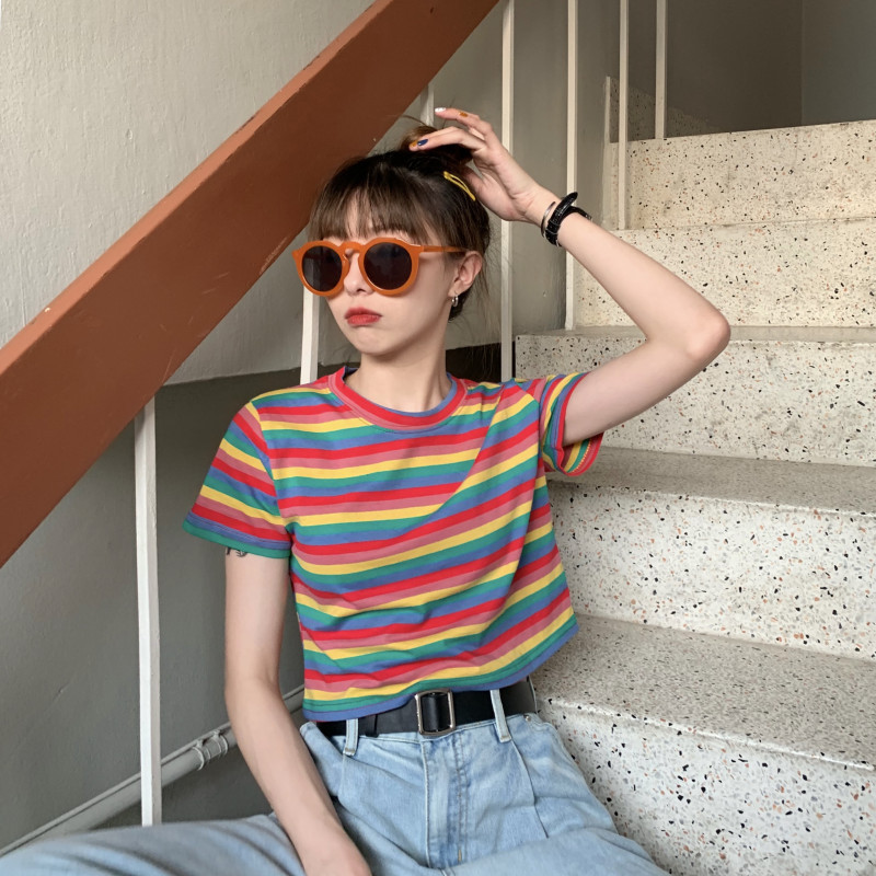 Loose Rainbow Stripes Short Sleeve T-shirt Top