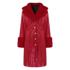 Lapel Long Coat Fur Collar Temperament Zipper Women PU Jacket - Red - View 1