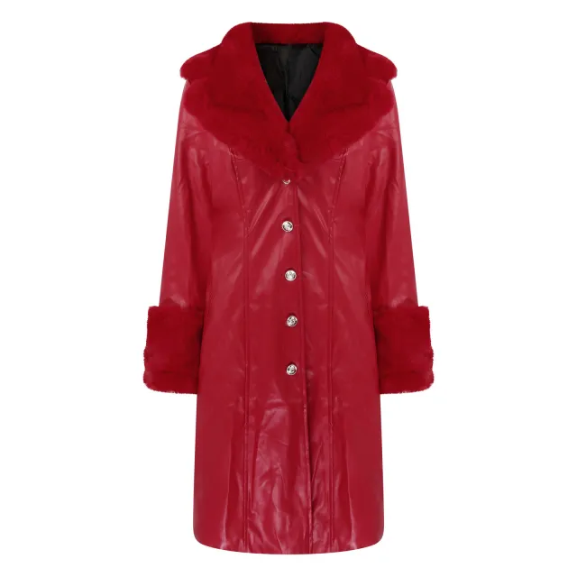 Lapel Long Coat Fur Collar Temperament Zipper Women PU Jacket Red - Shop at LoveMi