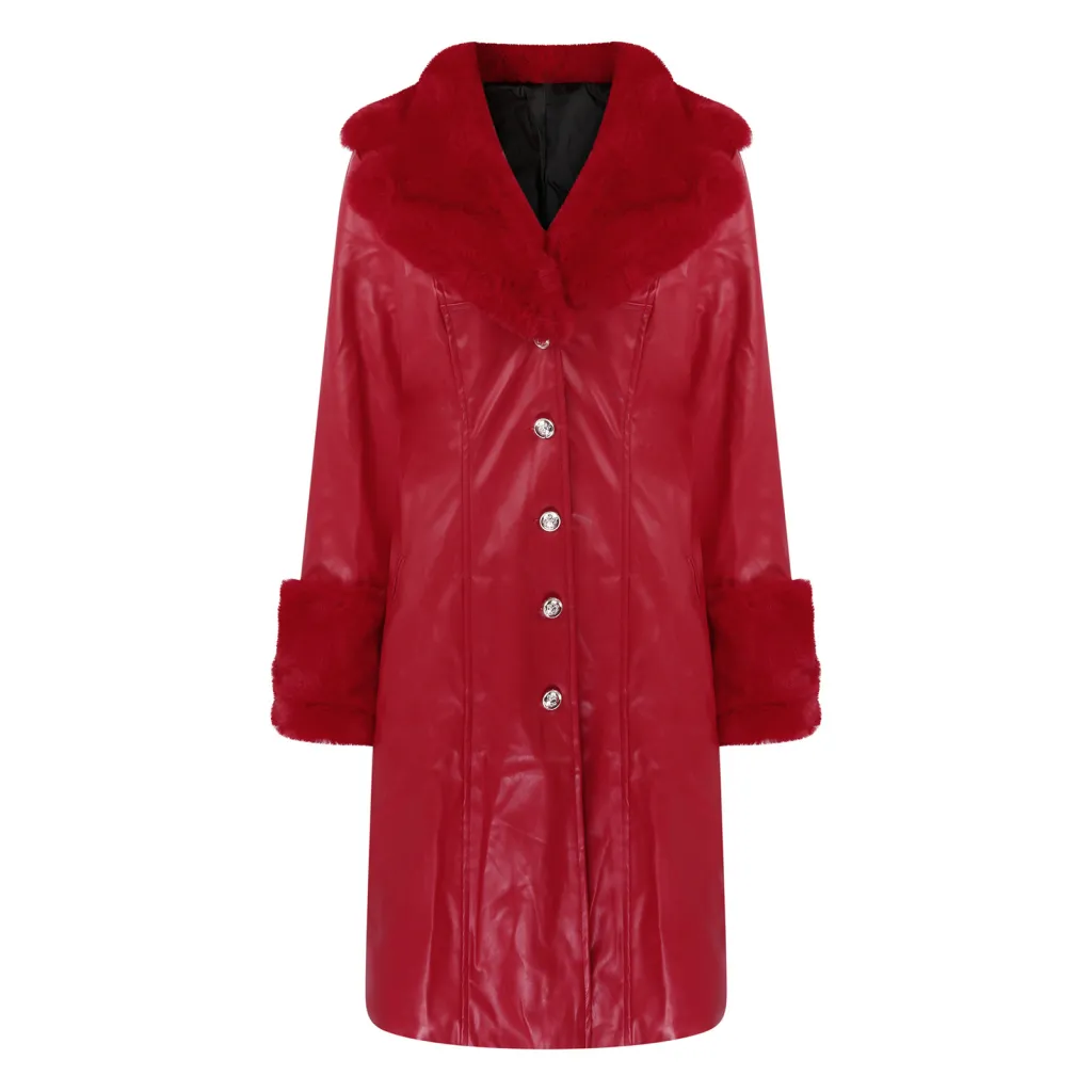 Lapel Long Coat Fur Collar Temperament Zipper Women PU Jacket - Red