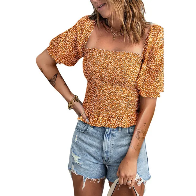 European And American Tops Women's Pullover Floral Square Collar Slim Short sleeved T shirt Orange - Shop at LoveMi
