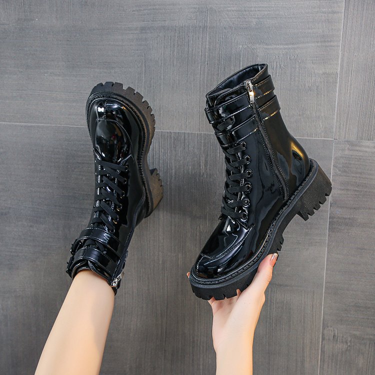 Women's Patent Leather Mid-tube Boots With Increased Heels