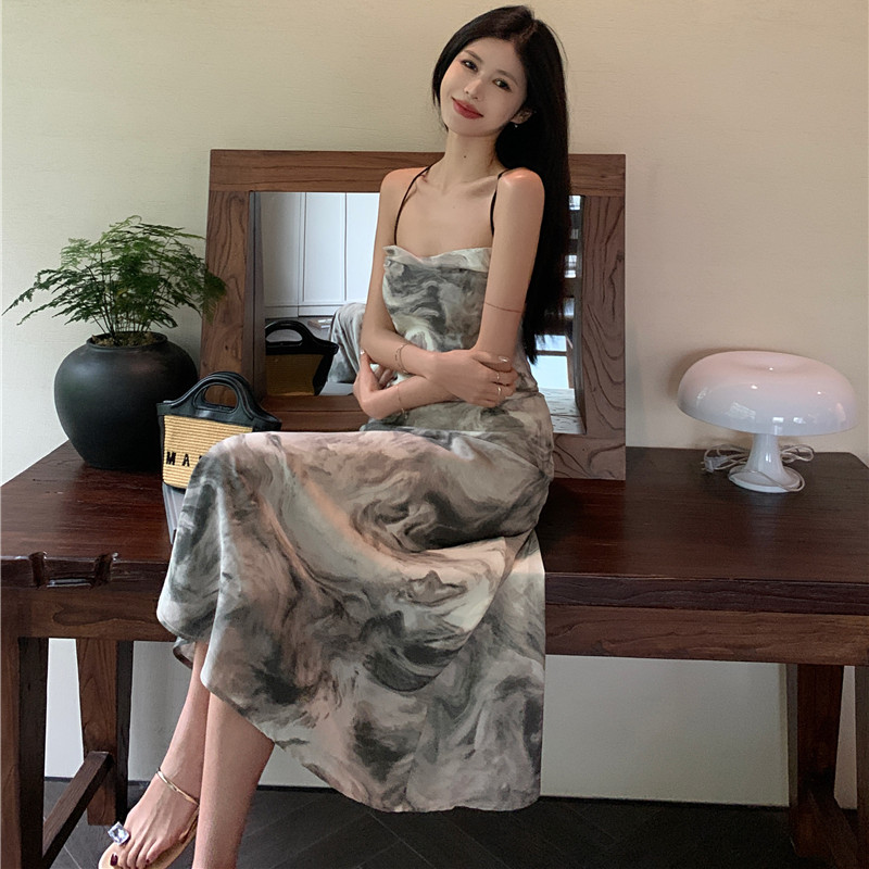 Women's Ink Painting Tie Dye Suspender Dress