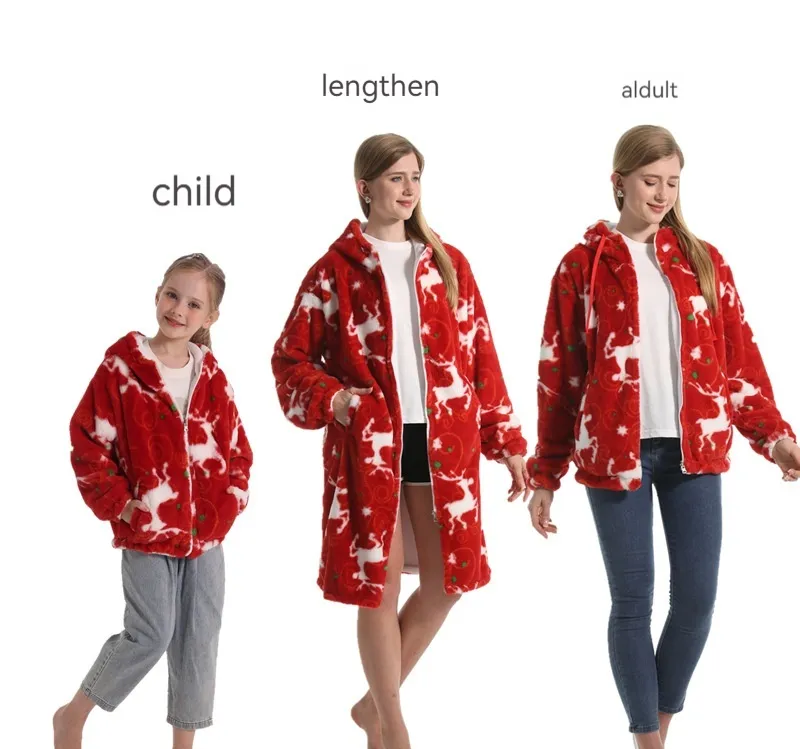 Women's Unisex Wear Hooded Drawstring Sweatshirt Printed - Red Christmas Deer
