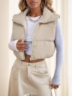 Zipper Front Casual Vest Khaki Winter Coat - Apricot - View 1