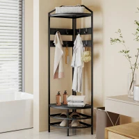 Corner Hall Tree, Industrial 4-Tier Coat Rack With Shoe Storage, 8 Movable Hooks And 2 Shelves For Hallway, Black
