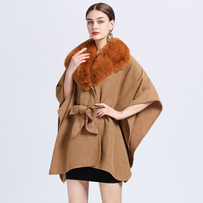 Faux Rex Rabbit Fur Collar Knit Shawl Cape Camel - Shop at LoveMi