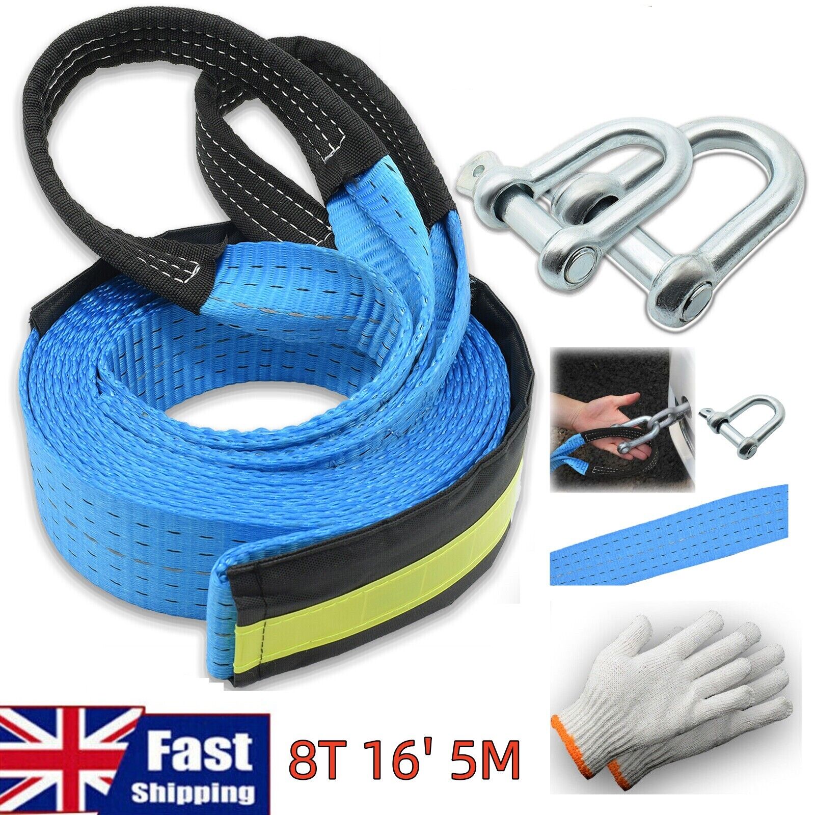 8t 16' 5m tow rope heavy duty towing pull strap road