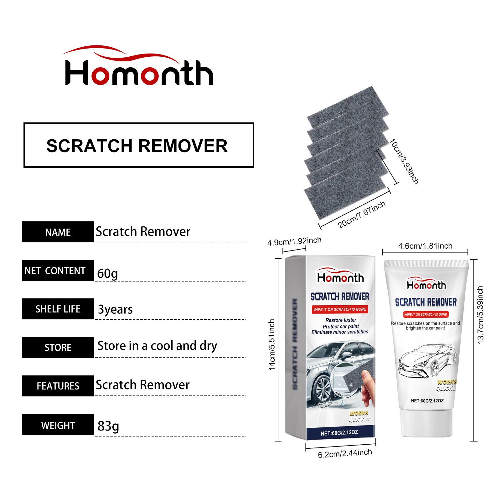 Repair Car Paint Scratches, Polishing And Maintenance Agent, Nano Flash Cloth, Car Scratch Removal Set, 60g Add Cloth, 1 Box 6
