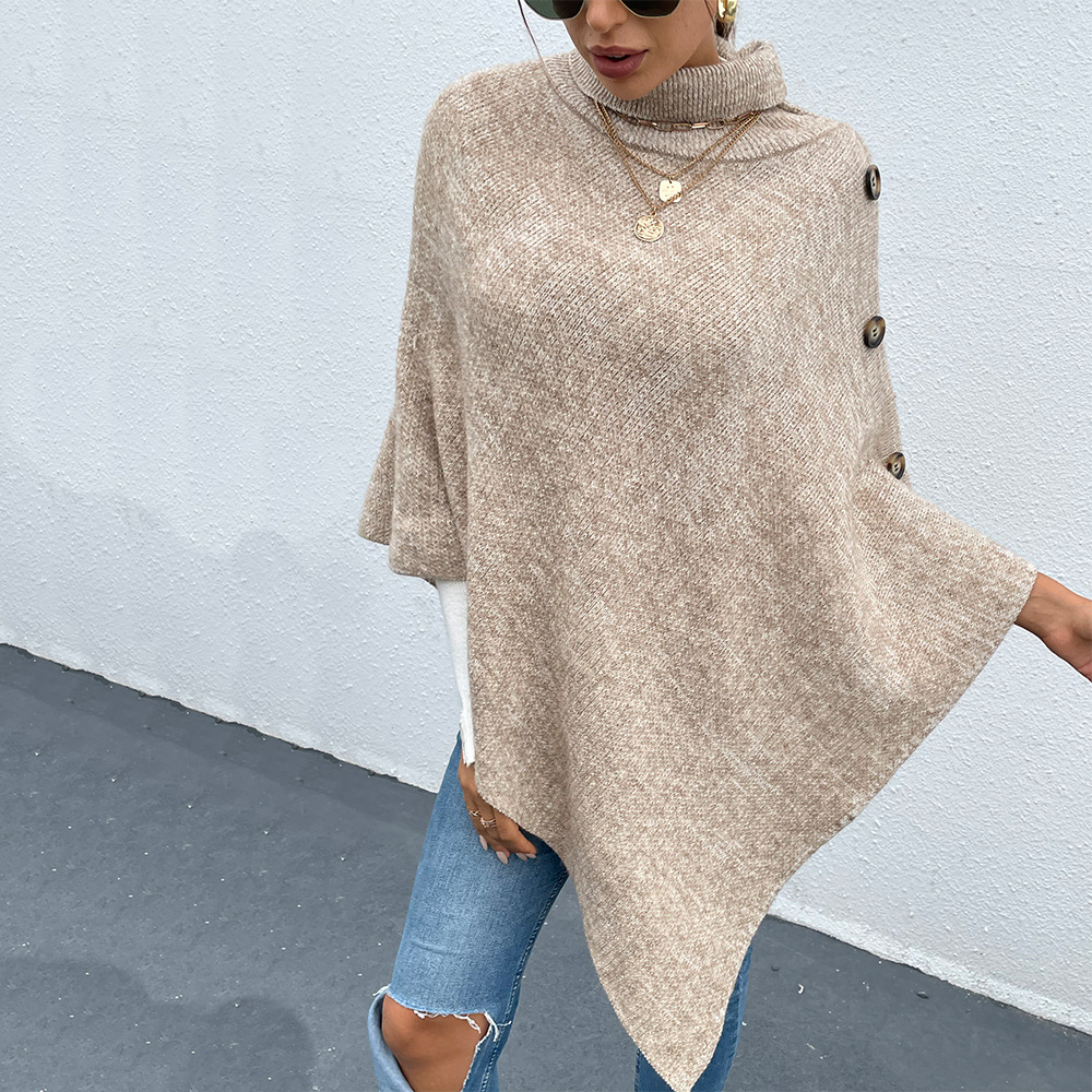Ladies High Neck Pullover Button Embellished Knitted Cape Sweater