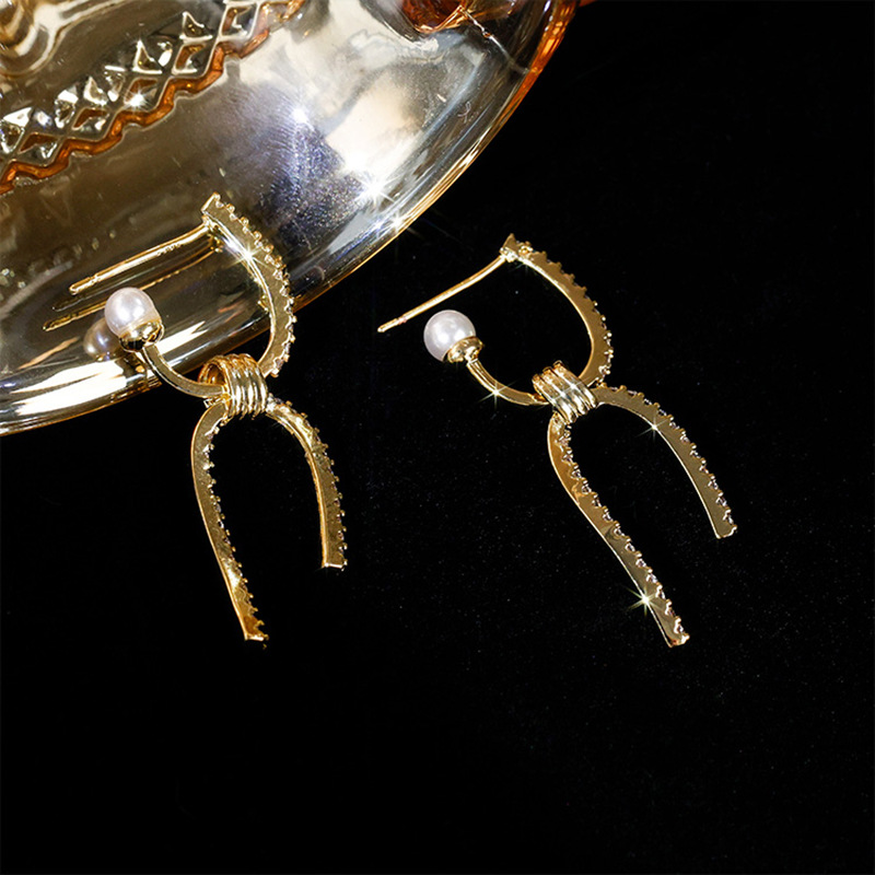 Gold Plated Silver Needle Zircon Pearl Letter Earrings